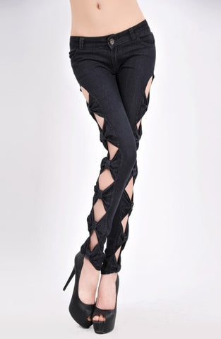 New Fashion Cool Vintage Ladies Sexy Hollow Casual Ripped Denim Jeggings Trouser side bow jeans