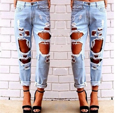 Destroyed Ripped Distressed Loose Denim Pants Women Holed Jeans Trousers Sale