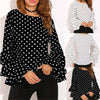 Dot Print Flare Sleeve Women Blusa O-Neck Long Sleeve Chiffon Shirts Ladies Tops Korean White Black Blouse