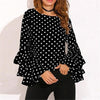 Dot Print Flare Sleeve Women Blusa O-Neck Long Sleeve Chiffon Shirts Ladies Tops Korean White Black Blouse