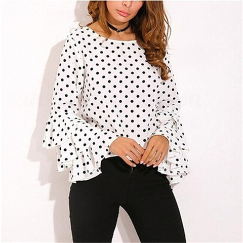Dot Print Flare Sleeve Women Blusa O-Neck Long Sleeve Chiffon Shirts Ladies Tops Korean White Black Blouse
