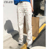 Embroidery Denim Jeans For Woman Tall Waist Vintage Cowboy Pants Lady Rice White Straight Trousers Female Bottom