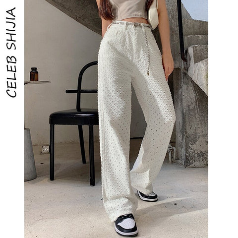 Embroidery Denim Jeans For Woman Tall Waist Vintage Cowboy Pants Lady Rice White Straight Trousers Female Bottom