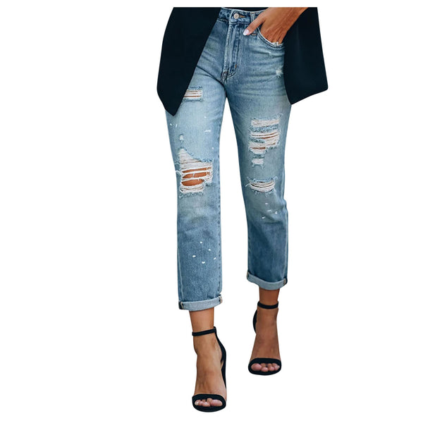 Female trousers Women Trendy Hole Curling Stretch High Waisted Denim Women Pants Full Length Denim Clothes