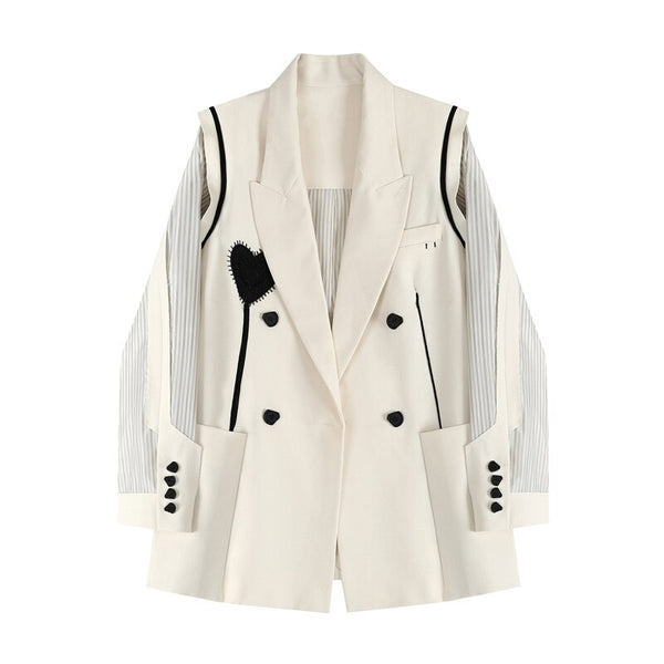 Long Sleeve Stripe Splicing Blazers Women's Clothing 2023 Spring Autumn White Love Office Lady Suit Jackets Tops p42