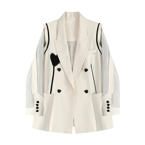 Long Sleeve Stripe Splicing Blazers Women's Clothing 2023 Spring Autumn White Love Office Lady Suit Jackets Tops p42