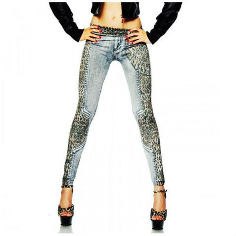 New Fashion Sexy Women Jeans Denim Leopard Patchwork Bodycon Skinny Leggings High Waist Stretchy Slim Leggings Pants Trousers