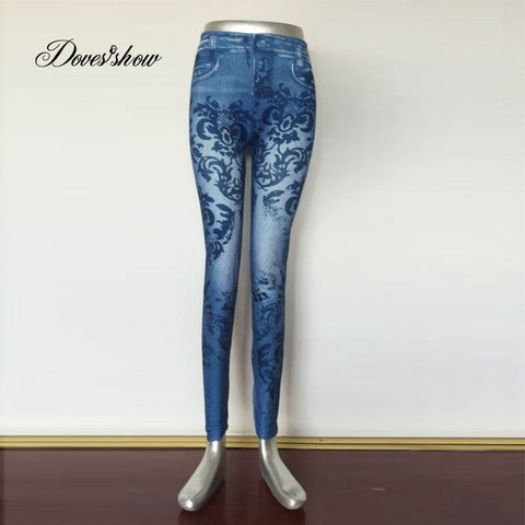 New Fashion Slim Women Leggings Faux Denim Jeans Long Note Printing Spring Summer Leggings Casual Ankle Length Pencil Pants
