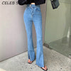 Split Bootleg Jeans For Woman High Waist Elastic Korean Denim Trousers Female Slim Wide Leg Pants Woman Blue Bottom