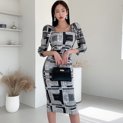 Spring Korean Style Bodycon Midi Dress Ladies OL Sexy Square Collar Dressy Outfits Puff Sleeve Skinny Party Dress