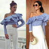 Wanita Striped Blouse Wanita Panjang Lengan Satu Bahu Ruffle Kemeja Longgar Blus Kasual Tops