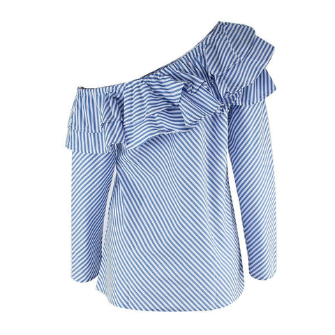 Wanita Striped Blouse Wanita Panjang Lengan Satu Bahu Ruffle Kemeja Longgar Blus Kasual Tops