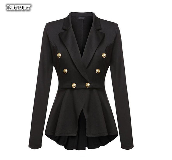 New Fashion Women Blazer Jacket Office Ladies Double Breasted Solid Style Casual Slim Suit Formal Office Frill Coat Outerwear
