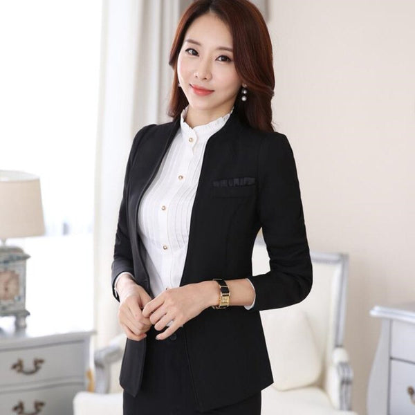 New Fashion Women Jacket Spring New Formal Stand Collar Long Sleeve Black Gray Blazer Office Ladies Plus Size Work Wear