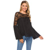 Women Lace Patchwork Long Sleeve Embroidery Floral Lace Drawstring Crochet Tee Shirt Tops Blouse