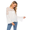 Women Lace Patchwork Long Sleeve Embroidery Floral Lace Drawstring Crochet Tee Shirt Tops Blouse