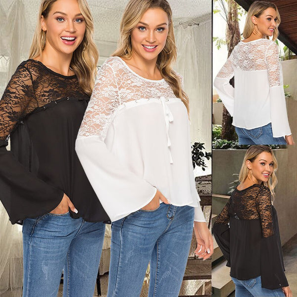 Women Lace Patchwork Long Sleeve Embroidery Floral Lace Drawstring Crochet Tee Shirt Tops Blouse