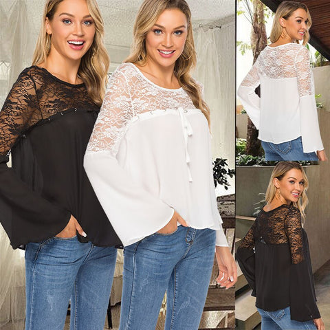 Women Lace Patchwork Long Sleeve Embroidery Floral Lace Drawstring Crochet Tee Shirt Tops Blouse