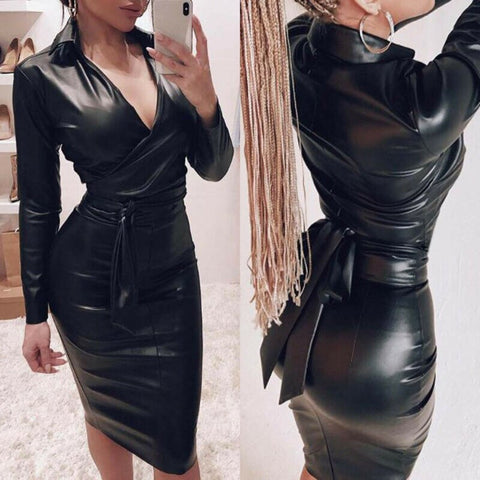 Women Ladies Slinky PU Leather Long Sleeve Midi Dress Sexy Bodycon V Neck Party Wrap Dress Black