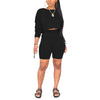 Women Ladies Summer Casual Long Sleeve T-shirt +Side Pocket Shorts 2pc Sets Black Gray Yellow Orange