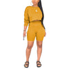Women Ladies Summer Casual Long Sleeve T-shirt +Side Pocket Shorts 2pc Sets Black Gray Yellow Orange