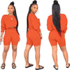 Women Ladies Summer Casual Long Sleeve T-shirt +Side Pocket Shorts 2pc Sets Black Gray Yellow Orange