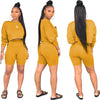 Women Ladies Summer Casual Long Sleeve T-shirt +Side Pocket Shorts 2pc Sets Black Gray Yellow Orange