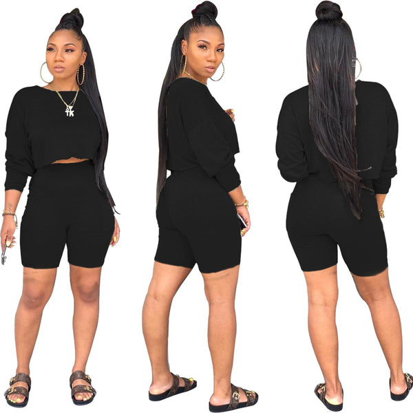 Women Ladies Summer Casual Long Sleeve T-shirt +Side Pocket Shorts 2pc Sets Black Gray Yellow Orange