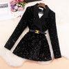 Women Shiny Double-breasted Sequins Suit Jacket Female Cotton Coat Black Slim Fit Blazers Fall Clothes with Belt