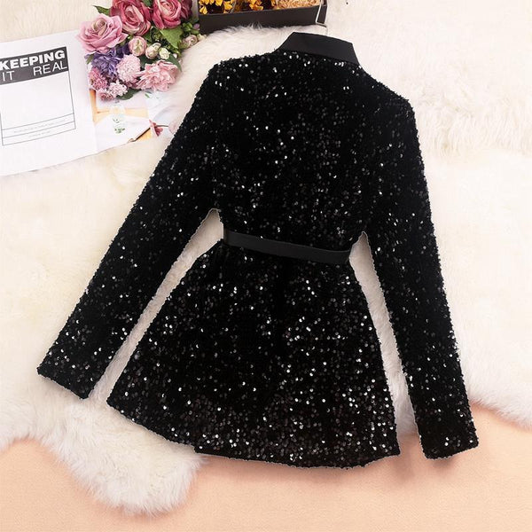 Women Shiny Double-breasted Sequins Suit Jacket Female Cotton Coat Black Slim Fit Blazers Fall Clothes with Belt