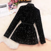 Women Shiny Double-breasted Sequins Suit Jacket Female Cotton Coat Black Slim Fit Blazers Fall Clothes with Belt