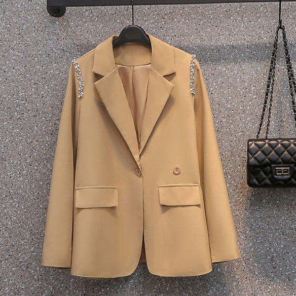 Women's Blazer Spring Autumn One Piece Casual Blazer Plus Size Office Professional Jacket Khaki Diamond 4XL 100KG