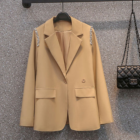 Women's Blazer Spring Autumn One Piece Casual Blazer Plus Size Office Professional Jacket Khaki Diamond 4XL 100KG