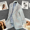 Female Casual Blazer Spring Autumn Double Breasted Design Suit Jacket Office Professional Women's Outerwear Lake Blue 4XL