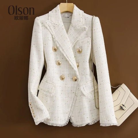 Female Casual Blazer Spring Autumn Double-Breasted Gold Line Suit Jacket Design Sense Office Professional Women's Clothing