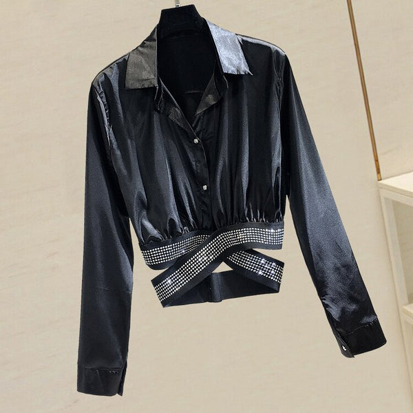 Female Sexy Crop Top Women Elegant Drill Satin Long Sleeve Shirt Woman Blouses Ladies Blusas Mujer De Moda Basic Shirts