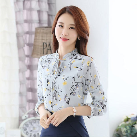 Floral Shirts Sales Women Blouses Slim Three Qurter Lantern Sleeve Bow Tied Casual Camisa S-3XL