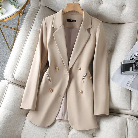 Female Casual Apricot Blazer Spring Autumn Long Suit Jacket Double Breasted Office Women's Clothing 4XL