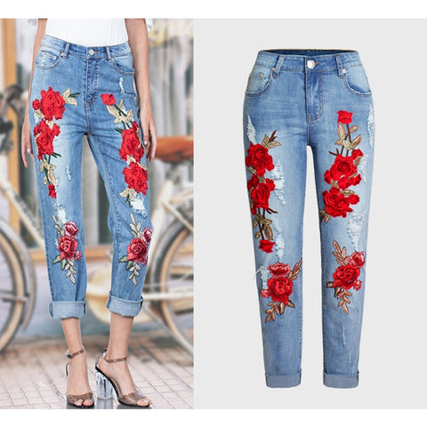 Vogue Jeans Women Stretch Loose Denim Pants Floral 3D Embroidery Bleach Ripped Pants Female Elastic Denim Jeans Pants