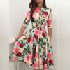 Women Floral Print 3/4 Sleeve Chiffon Casual Loose Party Vintage Dress Zipper Regular Size Pullover Summer Clothes