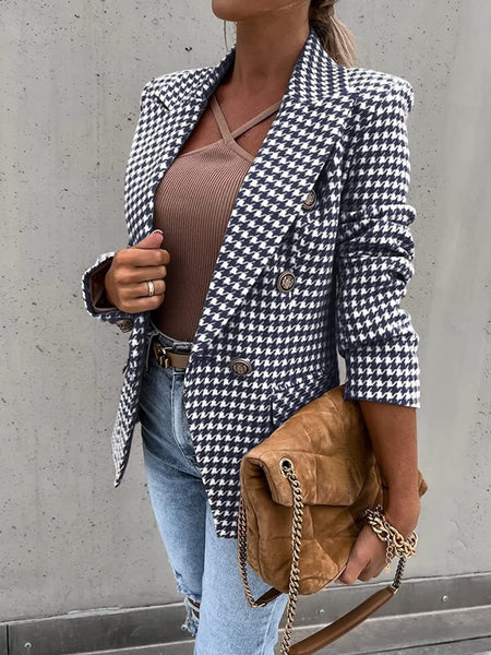 Houndstooth Printed Casual Coat Slim Suit  Blazer Women  Office Lady  Suit Blazer Women Blazers Jacket Women Plaid Blazer