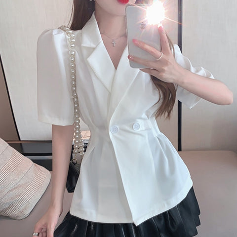 Korean Women Blazer Summer Short sleeve Slim waist Suit jacket Black White