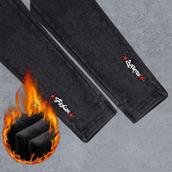 Korean Jeans Women Plus Size Winter Warm Jeans Pants Black Embroidery Skinny Fleeces Thick Pencil Pants Denim Trousers