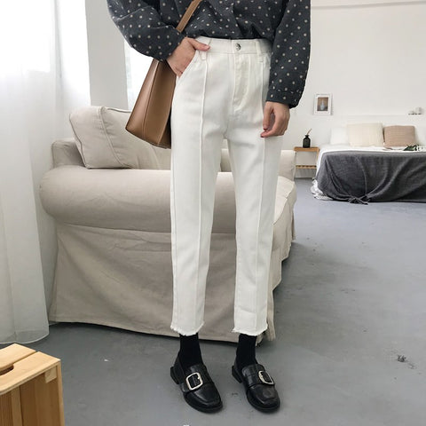 New Korean Women Fashion Slim Denim Ankle-length Pants Female Solid High Waist Straight Jeans Trousers Mujer Harajuku Pantalones