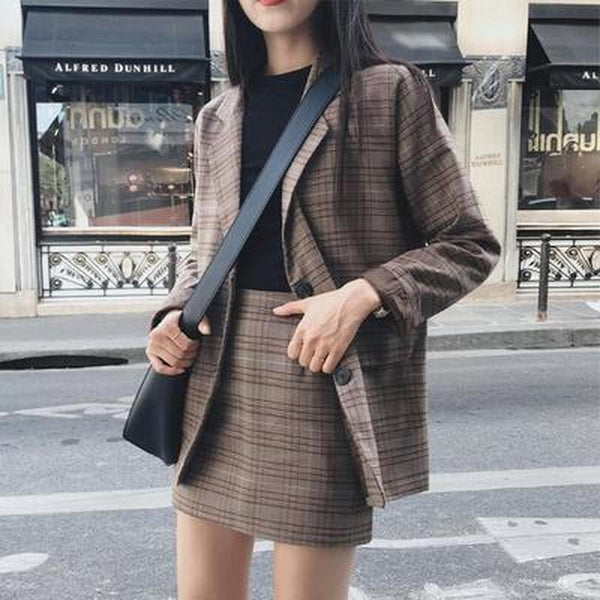 Korean minority temperament leisure loose Plaid suit medium and long small suit coat women's wear