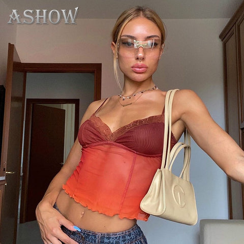 New Lace Patchwork Ribbed Y2K Top Women Summer Sexy Backless V-neck Short Camisole Casual Spaghetti Strap Solid Camis Orange
