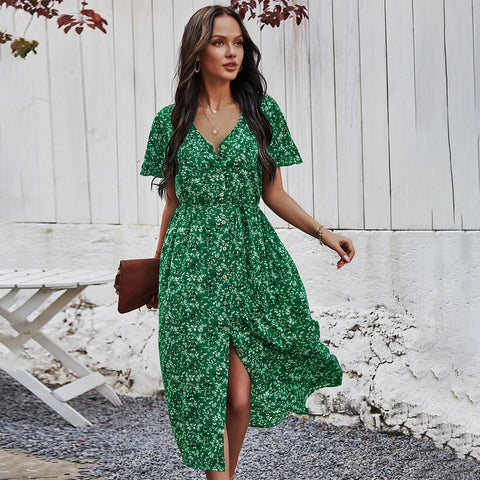 Ladies Vintage Maxi Floral Print Summer Dress Women Slim Casual High Waist Button Bohemian Women Beach Dress Vestidos Female