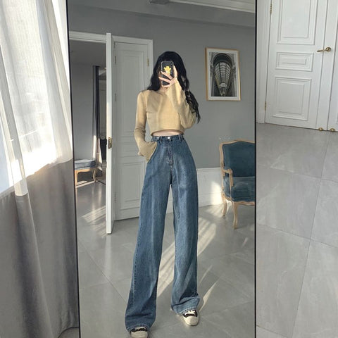 Light Blue Jeans For Women Washed Retro High Waist Straight Long Loose Wide Leg Jeans Women trousers streetwear pants