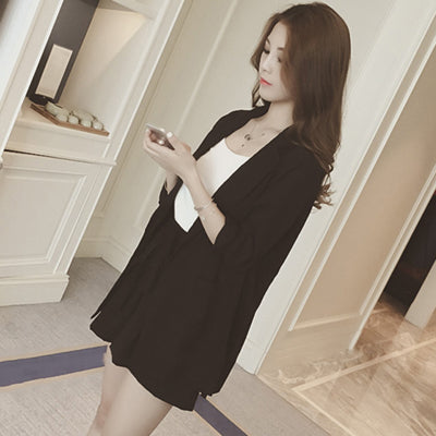 New Loose Lady Midi Long Blazers Summer Two Piece Big Size Women Linen Blazer +Shorts Formal Suits Thin Sun Protection Coat W428