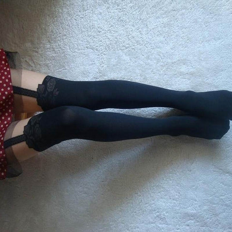 New New Sexy Women Soft Black Mock Bow Suspender Tattoo Leggings Hosiery #00098